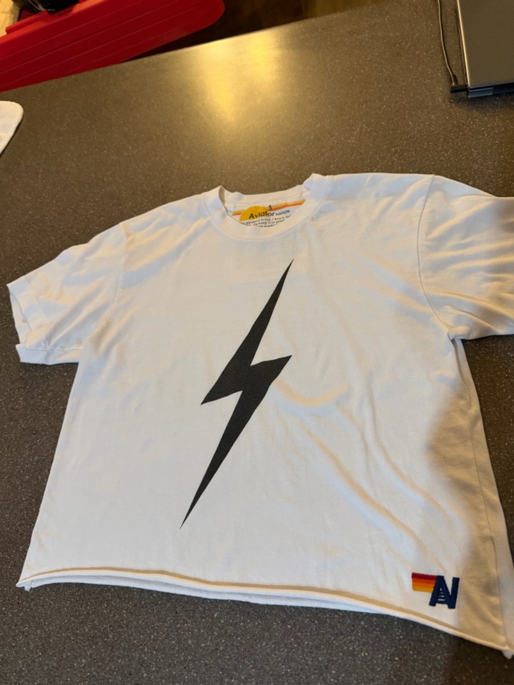Aviator Nation White Tee with Black Bolt Graphic
